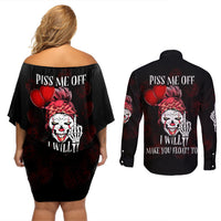 Piss Me Off I Will Couples Matching Off Shoulder Short Dress and Long Sleeve Button Shirt - Wonder Print Shop
