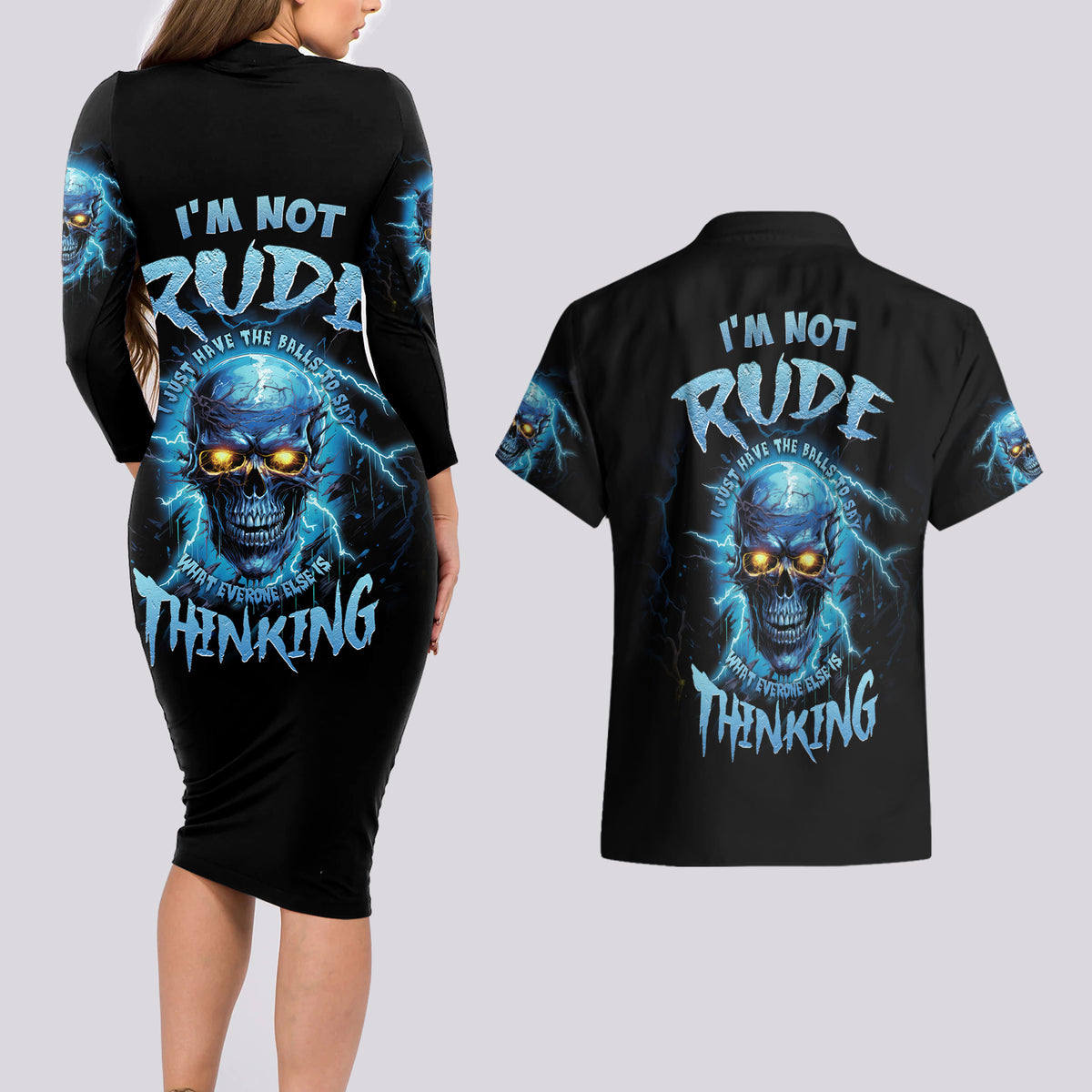 I'm Not Rude Mad Skull Couples Matching Long Sleeve Bodycon Dress and Hawaiian Shirt - Wonder Print Shop