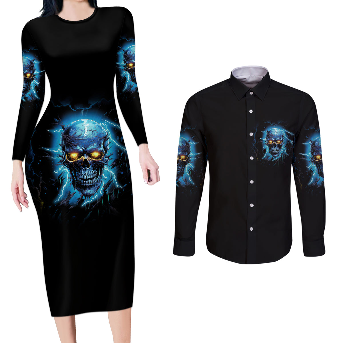 I'm Not Rude Mad Skull Couples Matching Long Sleeve Bodycon Dress and Long Sleeve Button Shirt - Wonder Print Shop