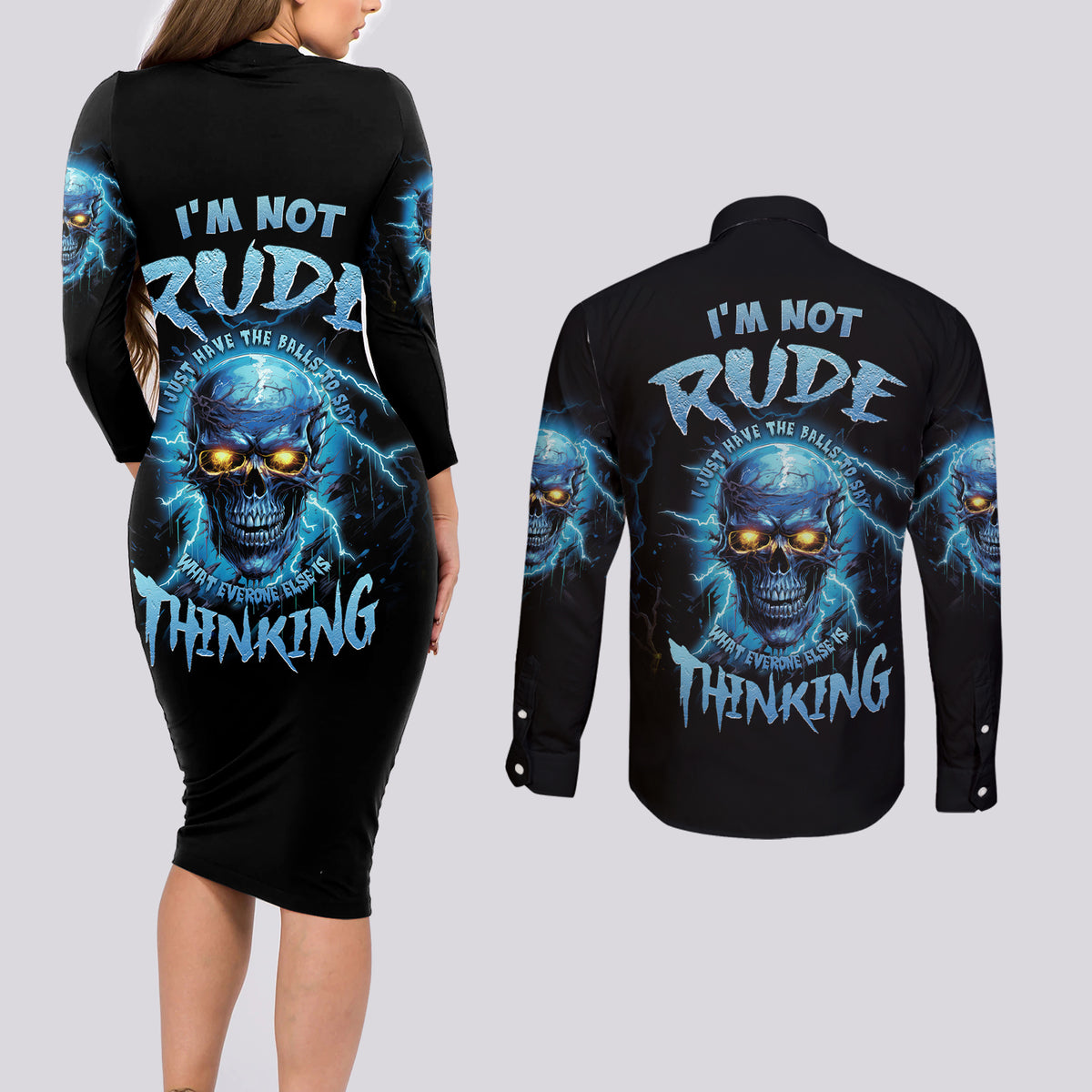 I'm Not Rude Mad Skull Couples Matching Long Sleeve Bodycon Dress and Long Sleeve Button Shirt - Wonder Print Shop