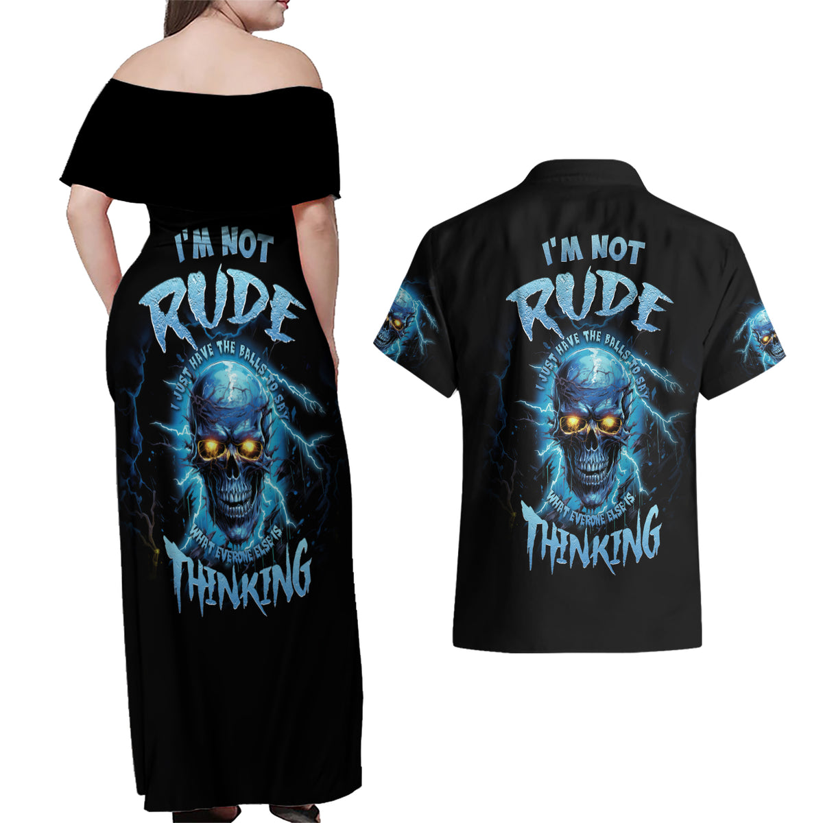 I'm Not Rude Mad Skull Couples Matching Off Shoulder Maxi Dress and Hawaiian Shirt - Wonder Print Shop