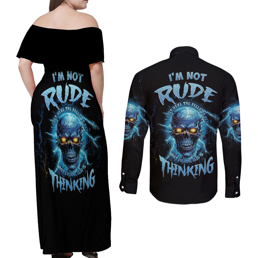 I'm Not Rude Mad Skull Couples Matching Off Shoulder Maxi Dress and Long Sleeve Button Shirt - Wonder Print Shop