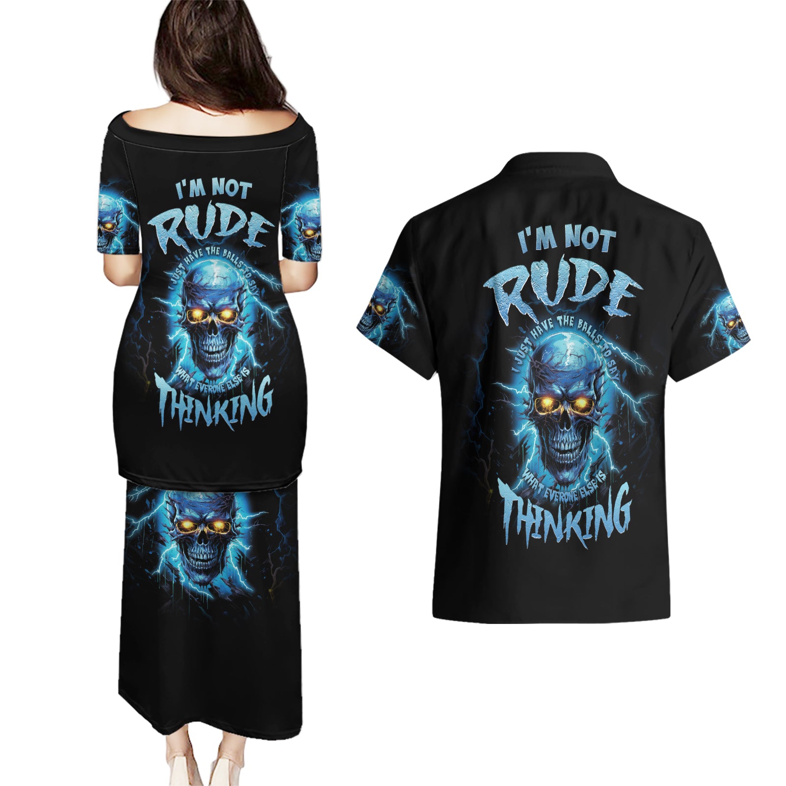 I'm Not Rude Mad Skull Couples Matching Puletasi Dress and Hawaiian Shirt - Wonder Print Shop