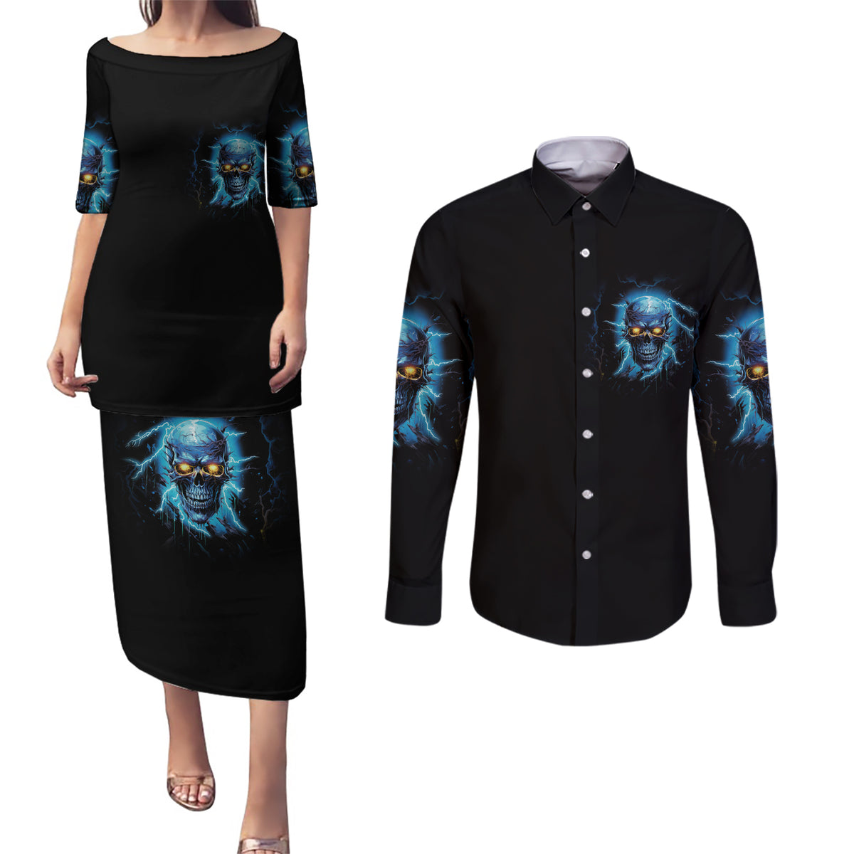 I'm Not Rude Mad Skull Couples Matching Puletasi Dress and Long Sleeve Button Shirt - Wonder Print Shop
