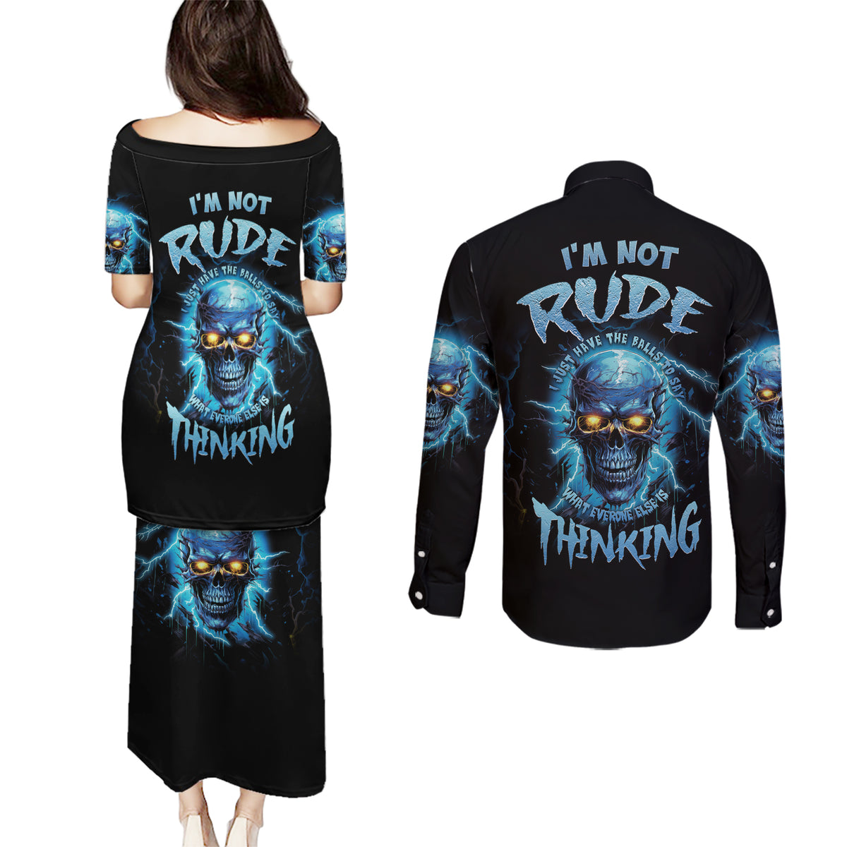 I'm Not Rude Mad Skull Couples Matching Puletasi Dress and Long Sleeve Button Shirt - Wonder Print Shop