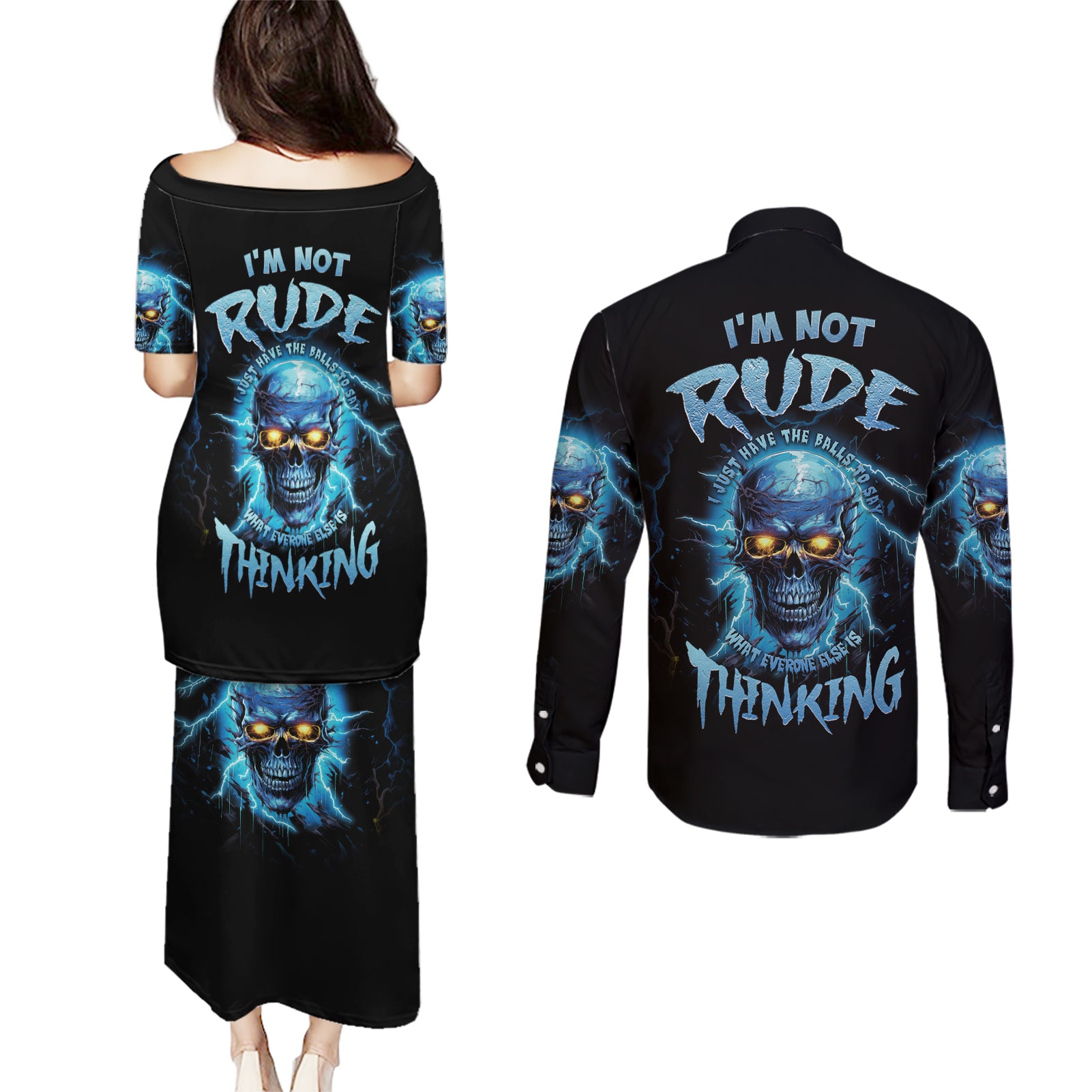 I'm Not Rude Mad Skull Couples Matching Puletasi Dress and Long Sleeve Button Shirt - Wonder Print Shop