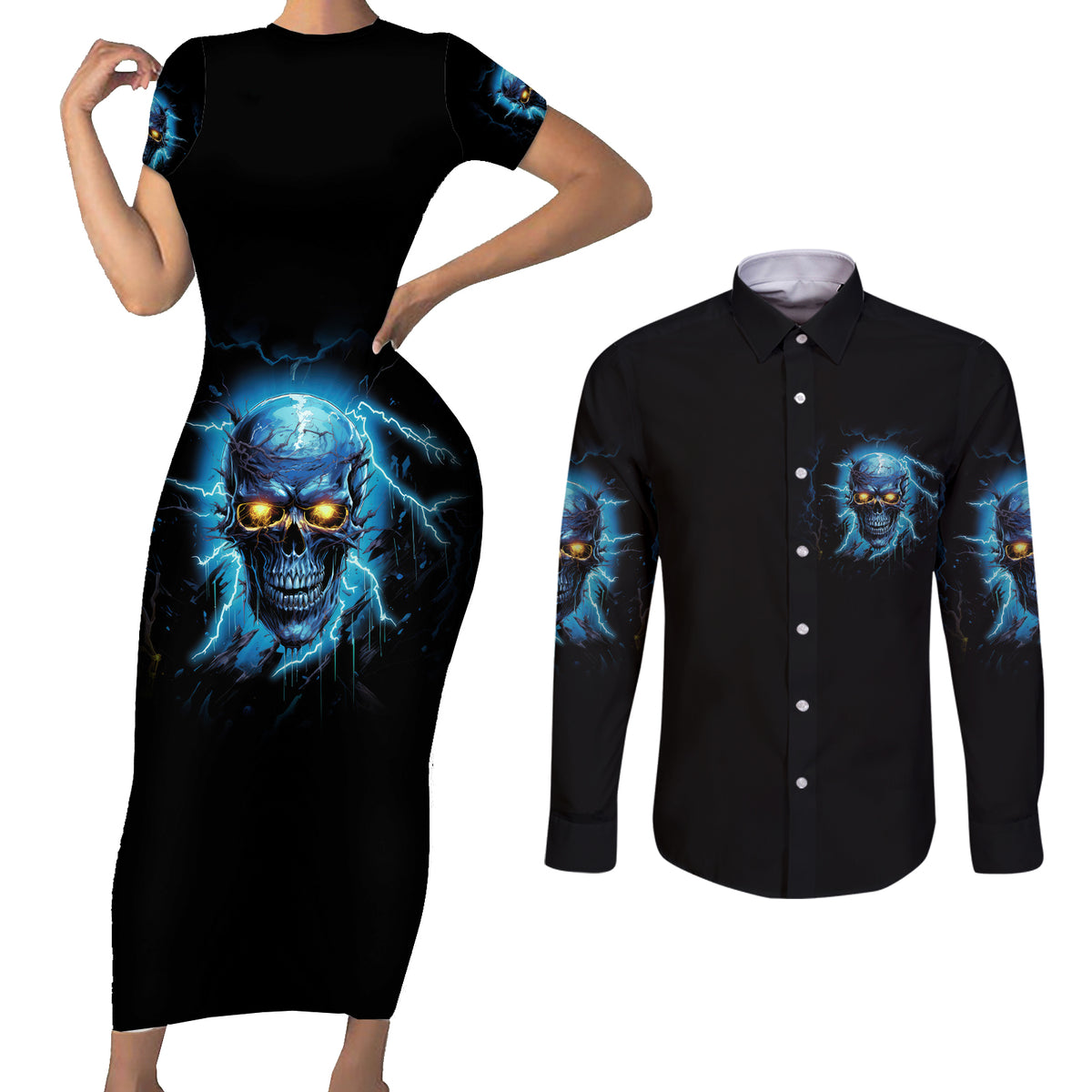 I'm Not Rude Mad Skull Couples Matching Short Sleeve Bodycon Dress and Long Sleeve Button Shirt - Wonder Print Shop