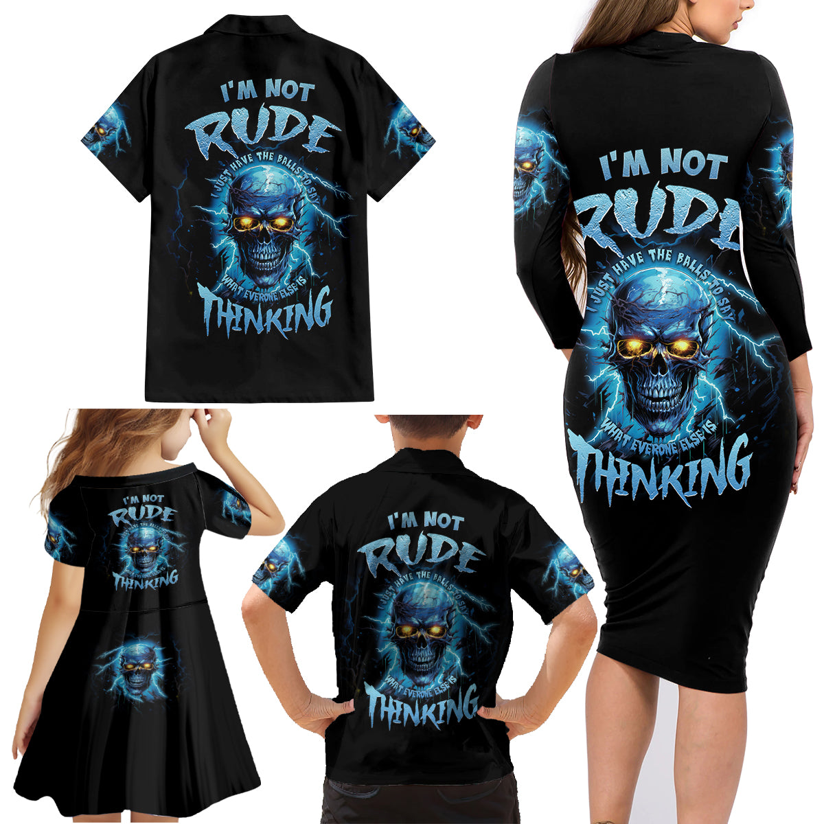 I'm Not Rude Mad Skull Family Matching Long Sleeve Bodycon Dress and Hawaiian Shirt - Wonder Print Shop