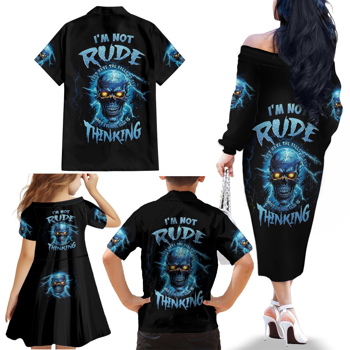 I'm Not Rude Mad Skull Family Matching Off Shoulder Long Sleeve Dress and Hawaiian Shirt - Wonder Print Shop