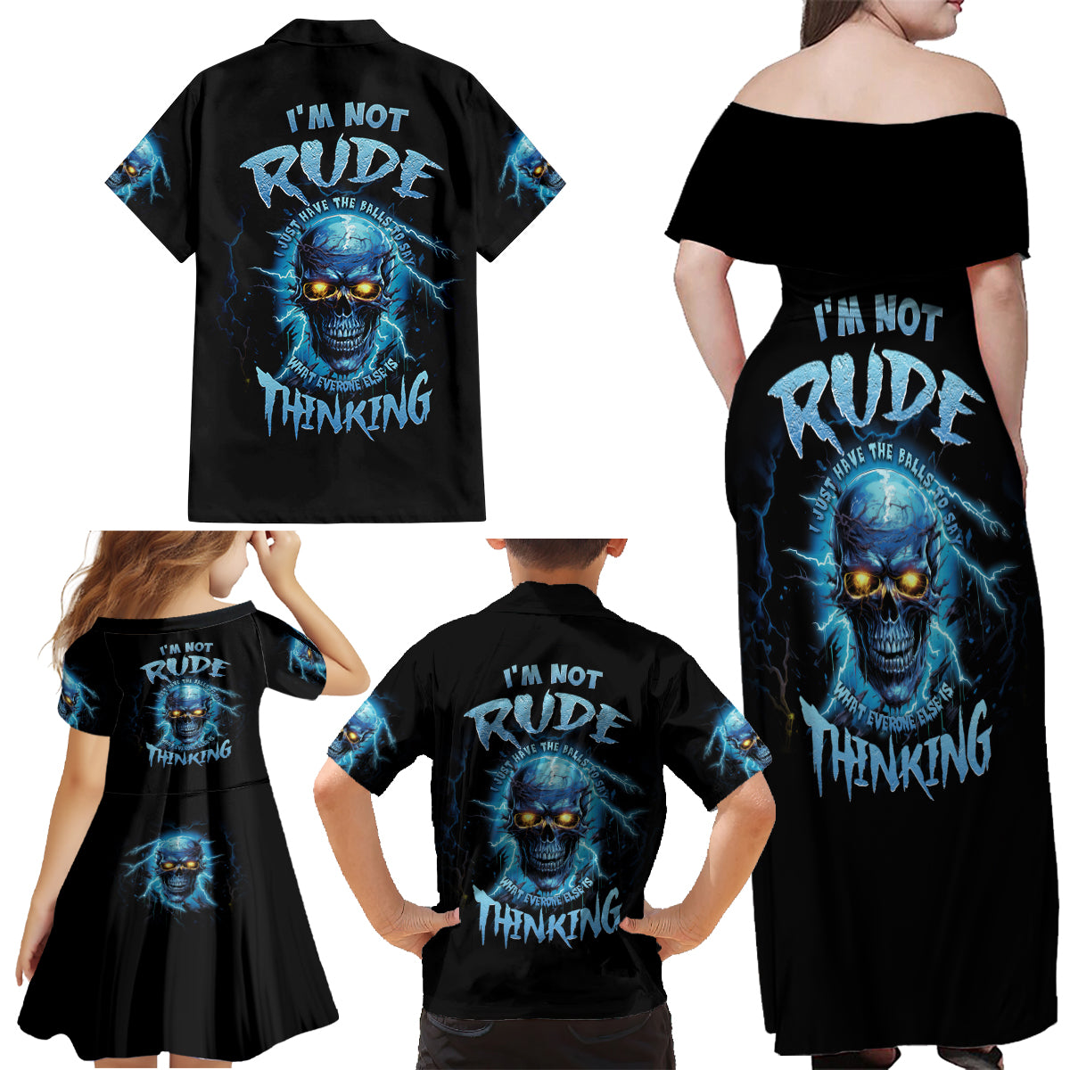 I'm Not Rude Mad Skull Family Matching Off Shoulder Maxi Dress and Hawaiian Shirt - Wonder Print Shop