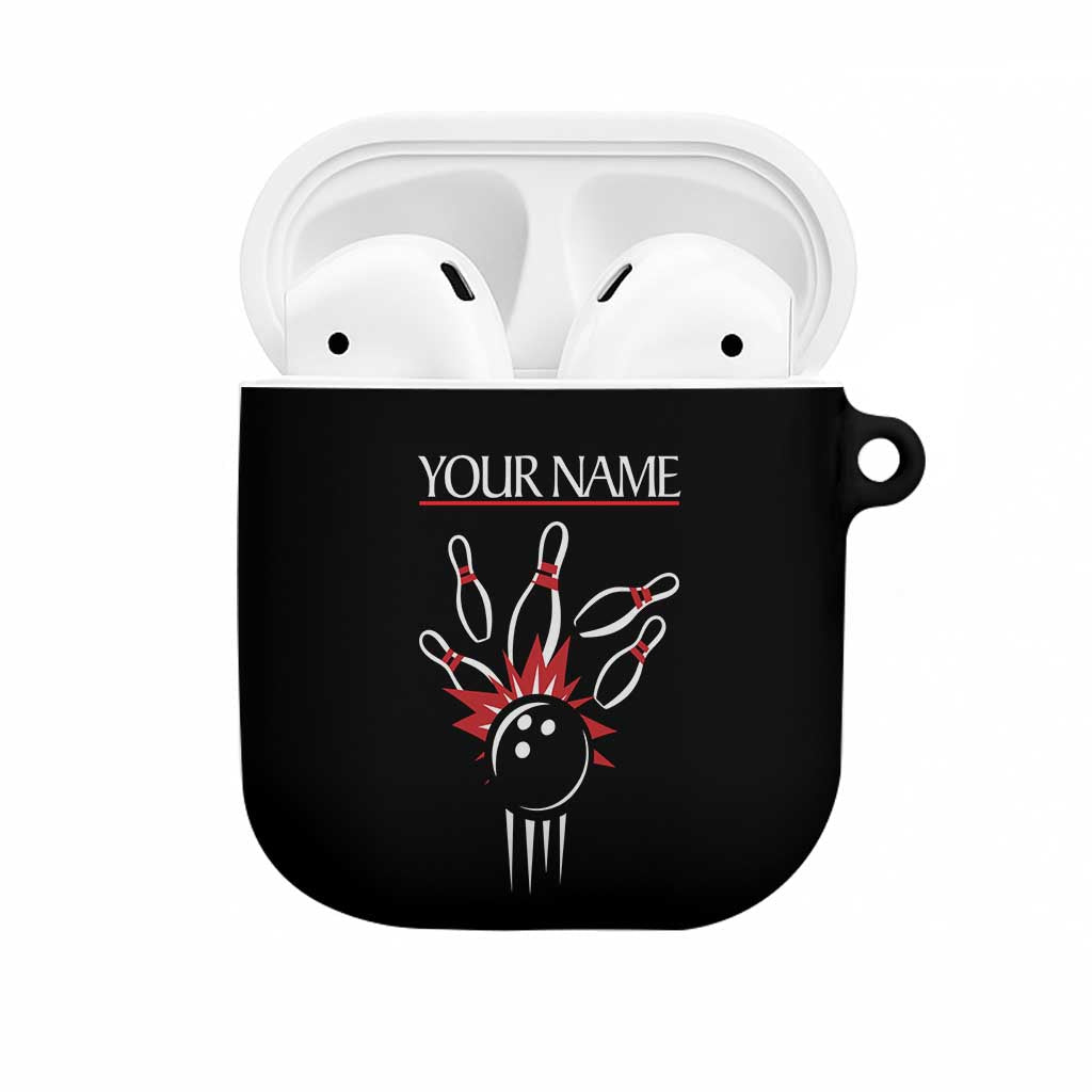 Custom Red and Black Bowling AirPods Case with Strike Explosion Graphic Custom Name and Bowler Silhouette - Wonder Print Shop