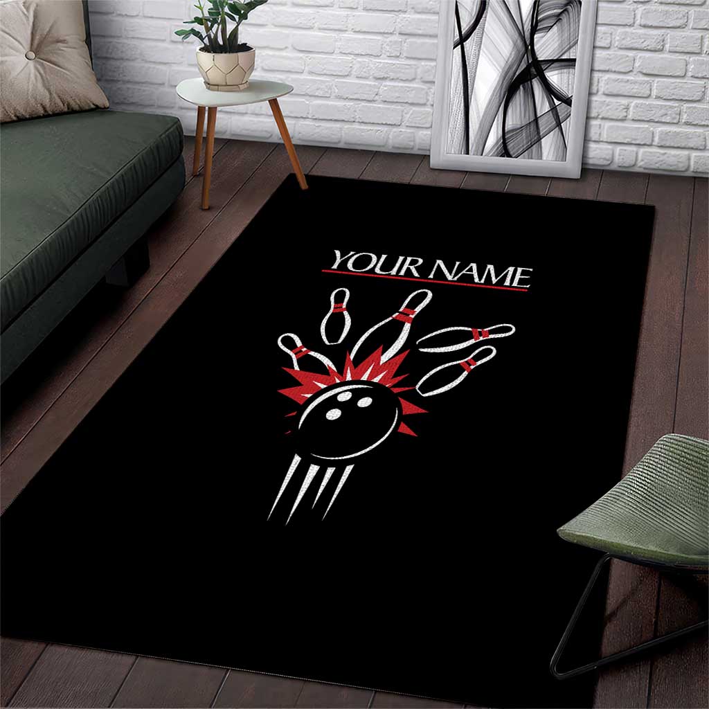 Custom Red and Black Bowling Area Rug with Strike Explosion Graphic Custom Name and Bowler Silhouette - Wonder Print Shop