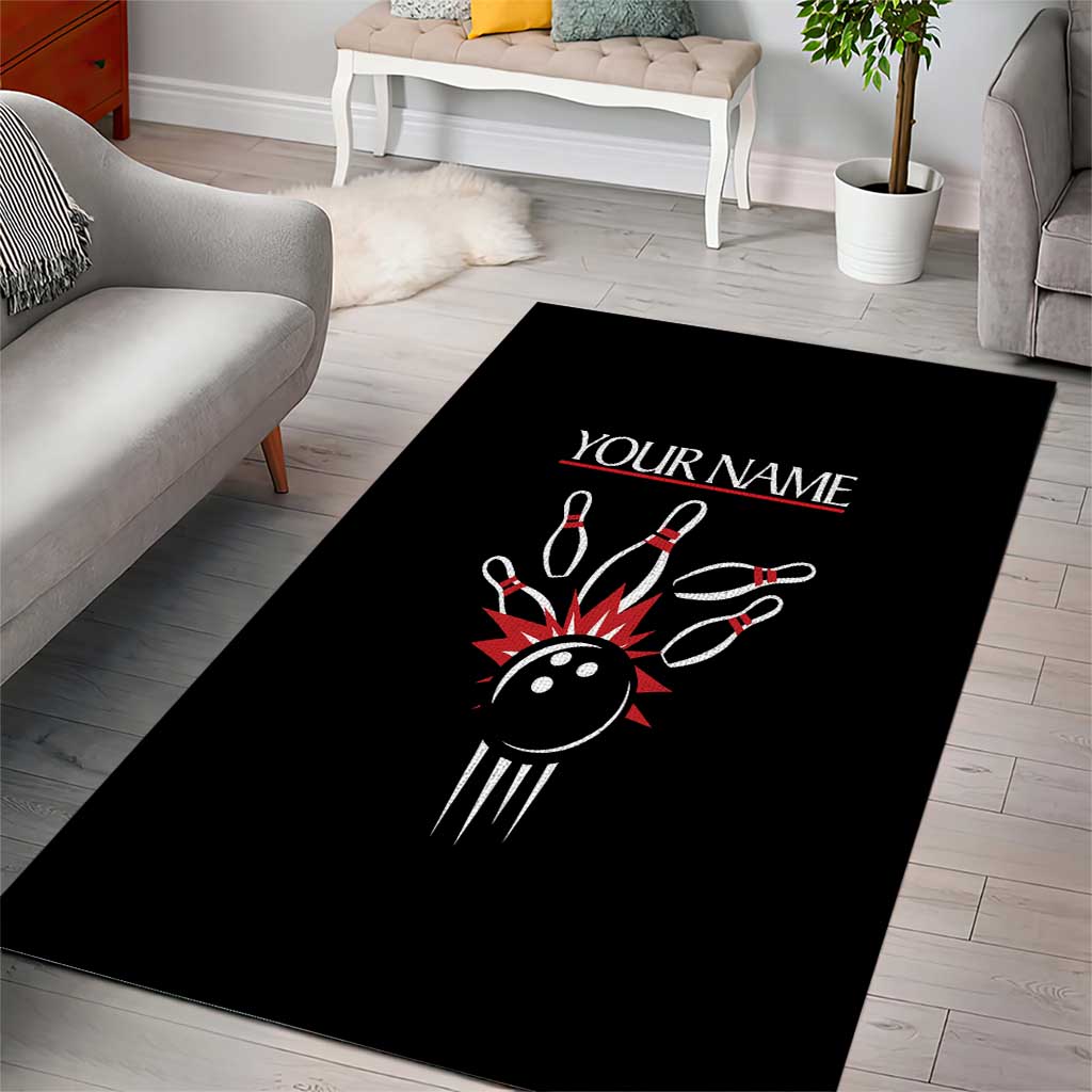 Custom Red and Black Bowling Area Rug with Strike Explosion Graphic Custom Name and Bowler Silhouette - Wonder Print Shop