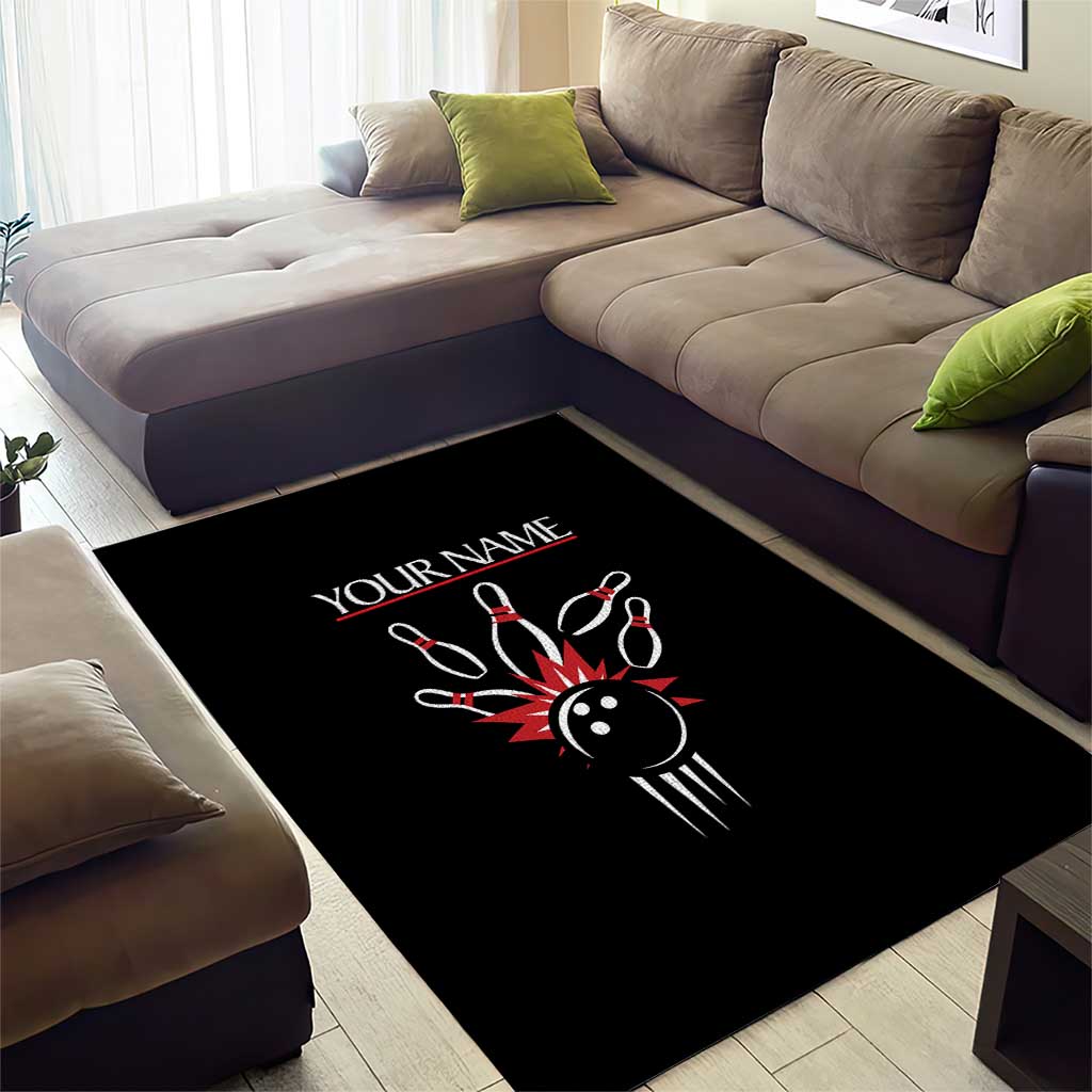 Custom Red and Black Bowling Area Rug with Strike Explosion Graphic Custom Name and Bowler Silhouette - Wonder Print Shop