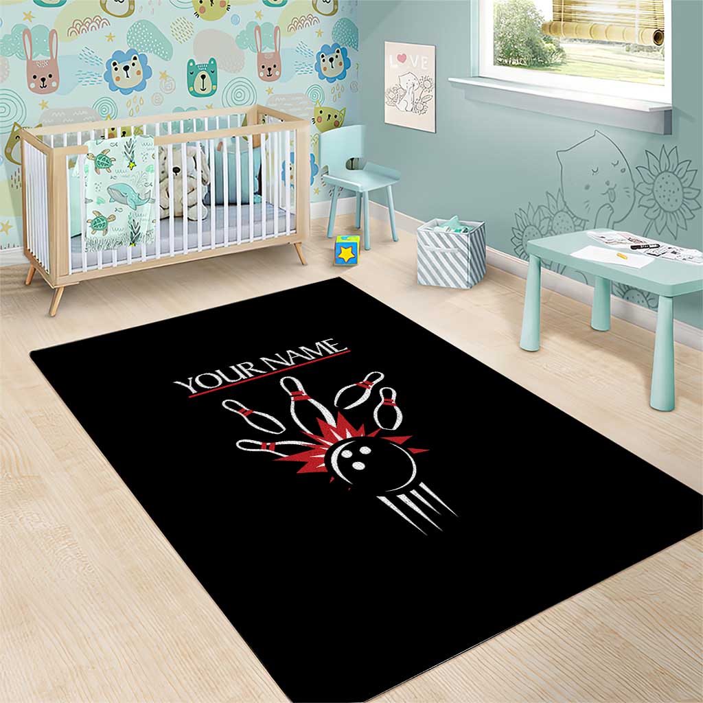 Custom Red and Black Bowling Area Rug with Strike Explosion Graphic Custom Name and Bowler Silhouette - Wonder Print Shop