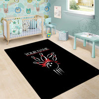 Custom Red and Black Bowling Area Rug with Strike Explosion Graphic Custom Name and Bowler Silhouette - Wonder Print Shop