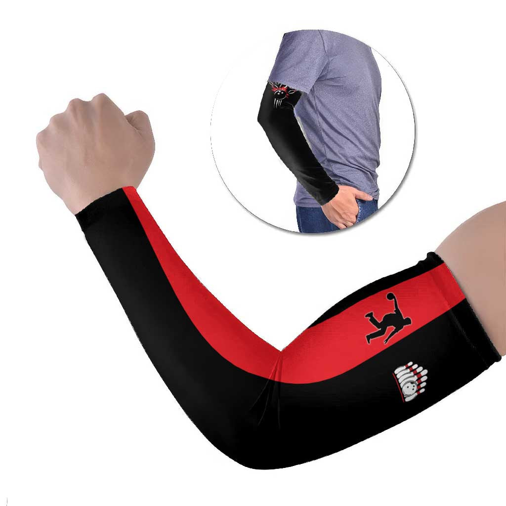 Custom Red and Black Bowling Arm Sleeves with Strike Explosion Graphic Custom Name and Bowler Silhouette - Wonder Print Shop