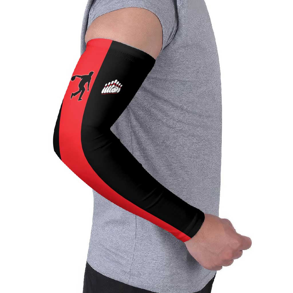 Custom Red and Black Bowling Arm Sleeves with Strike Explosion Graphic Custom Name and Bowler Silhouette - Wonder Print Shop