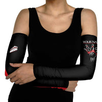 Custom Red and Black Bowling Arm Sleeves with Strike Explosion Graphic Custom Name and Bowler Silhouette - Wonder Print Shop