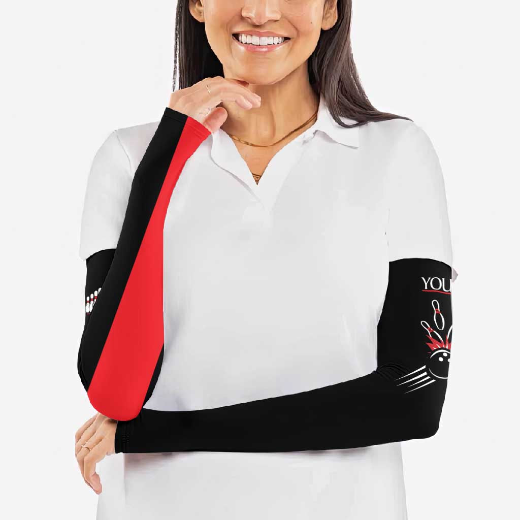 Custom Red and Black Bowling Arm Sleeves with Strike Explosion Graphic Custom Name and Bowler Silhouette - Wonder Print Shop