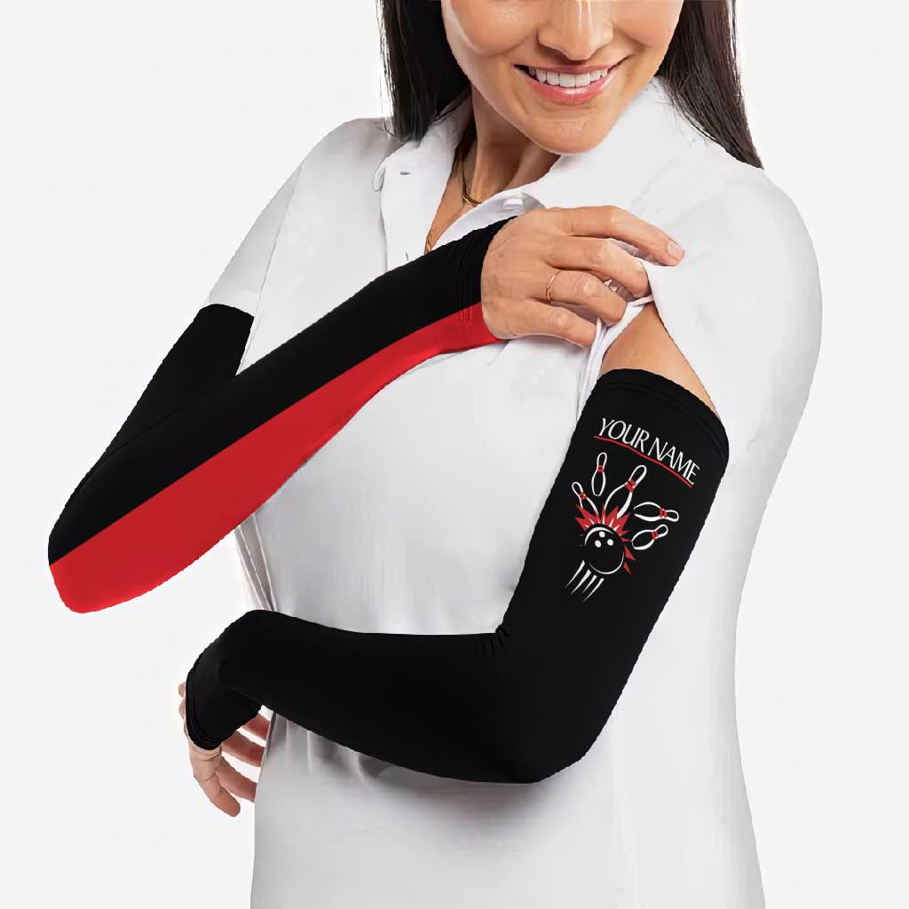 Custom Red and Black Bowling Arm Sleeves with Strike Explosion Graphic Custom Name and Bowler Silhouette - Wonder Print Shop