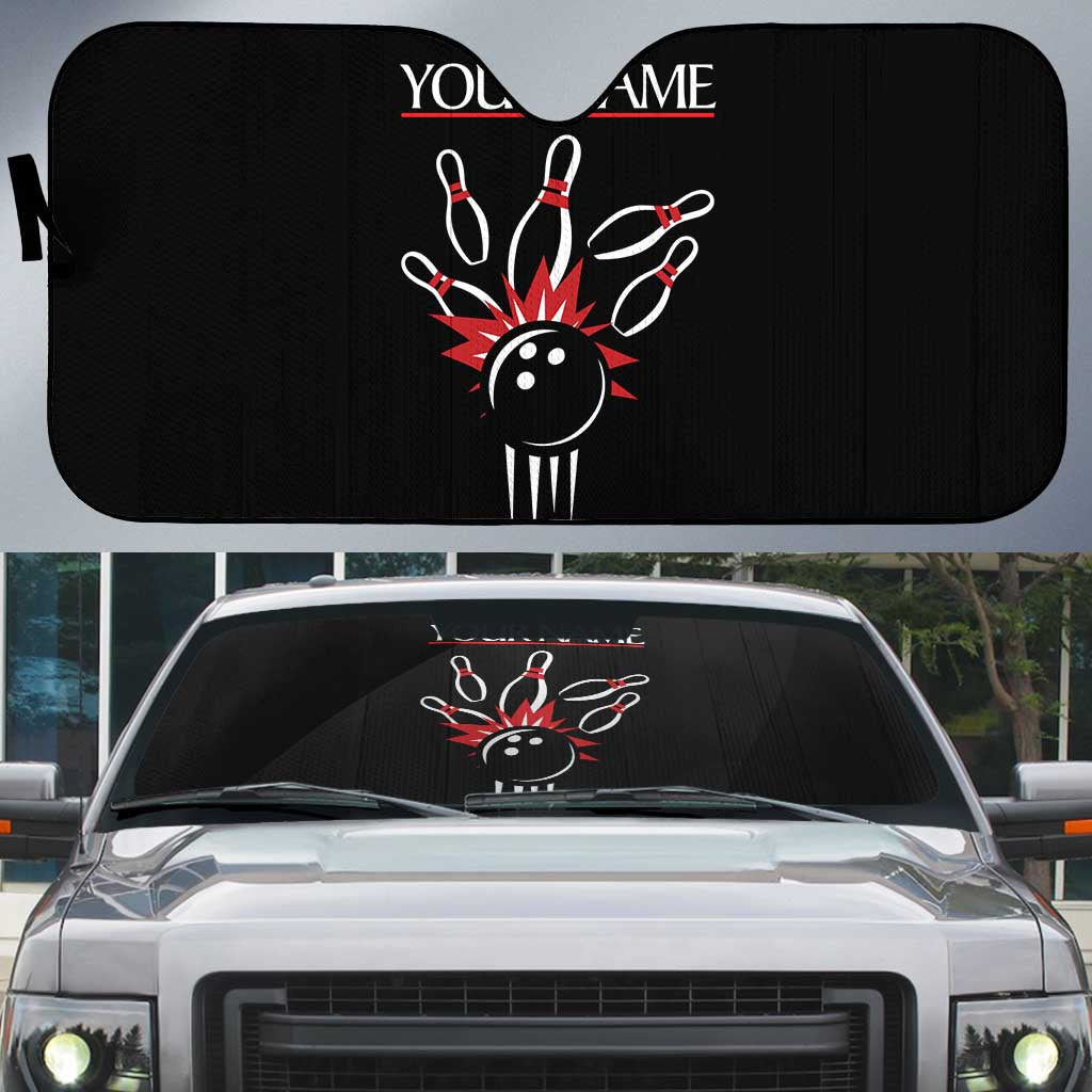 Custom Red and Black Bowling Auto Sun Shade with Strike Explosion Graphic Custom Name and Bowler Silhouette - Wonder Print Shop