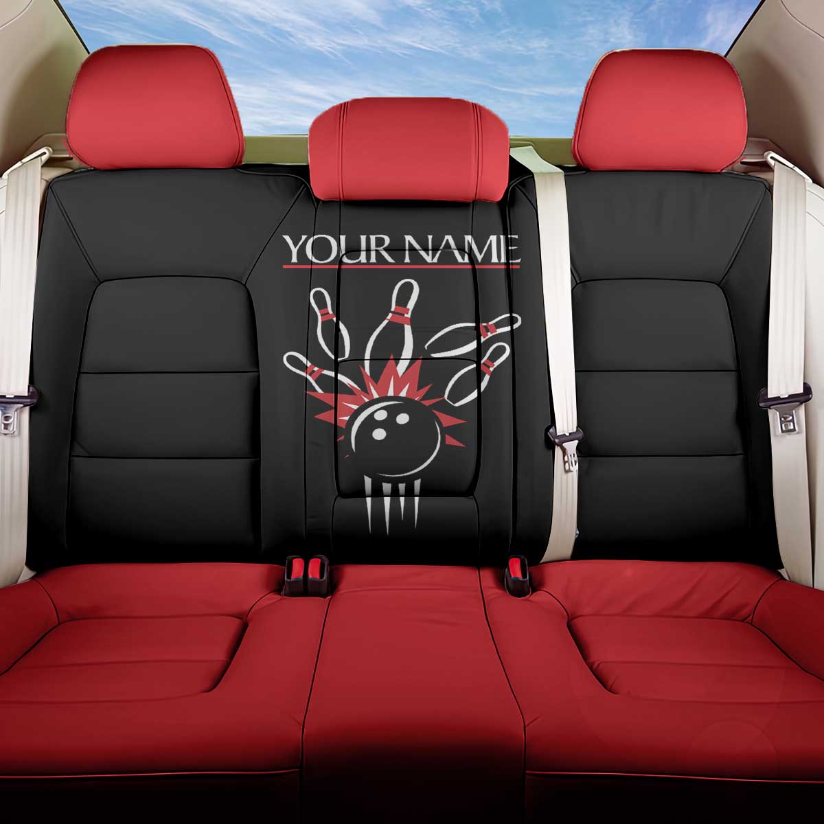 Custom Red and Black Bowling Back Car Seat Cover with Strike Explosion Graphic Custom Name and Bowler Silhouette - Wonder Print Shop