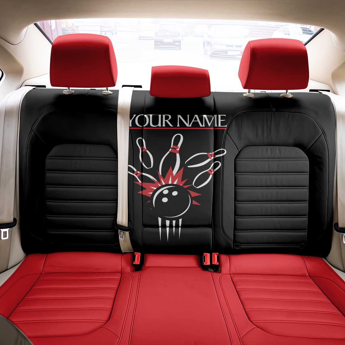 Custom Red and Black Bowling Back Car Seat Cover with Strike Explosion Graphic Custom Name and Bowler Silhouette - Wonder Print Shop