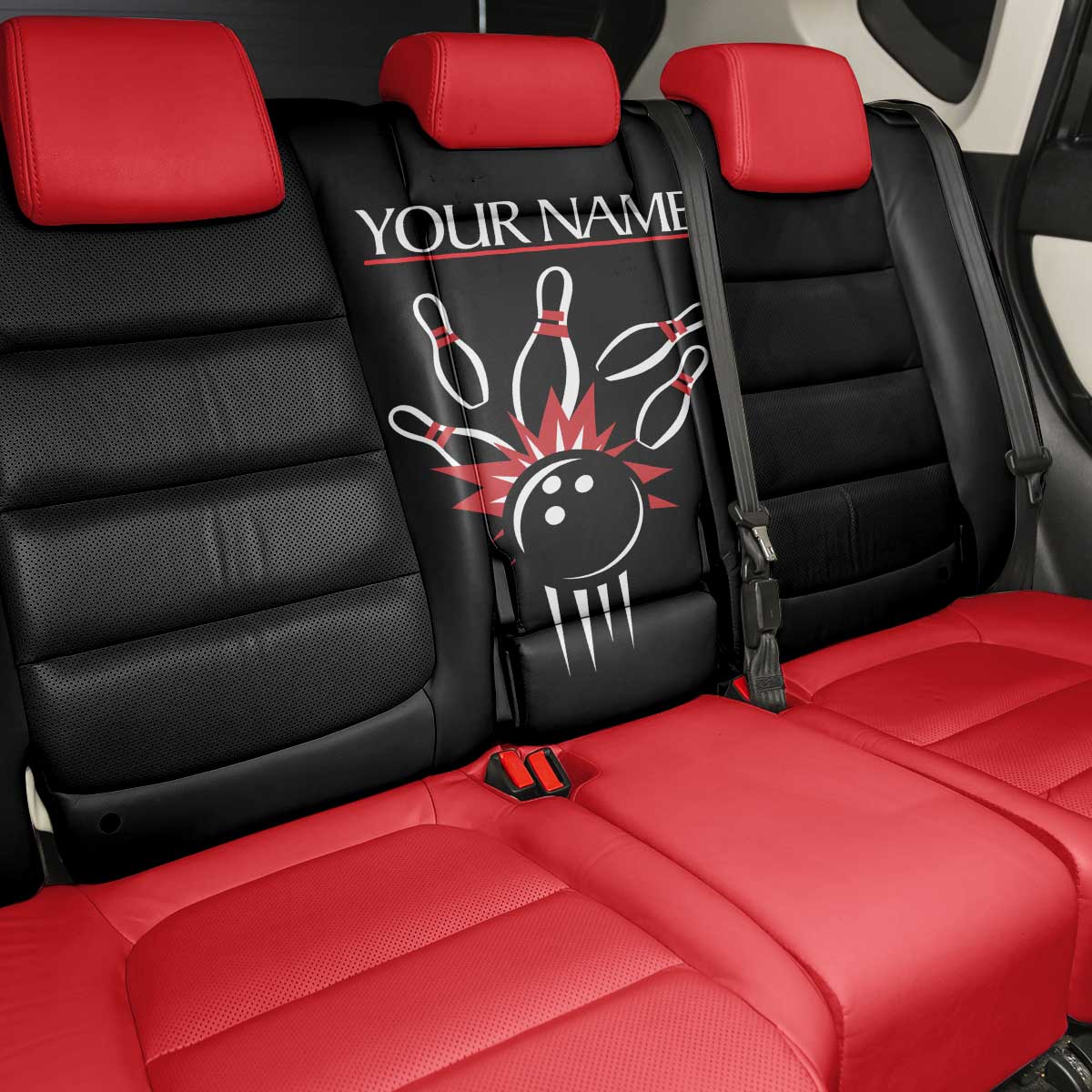 Custom Red and Black Bowling Back Car Seat Cover with Strike Explosion Graphic Custom Name and Bowler Silhouette - Wonder Print Shop