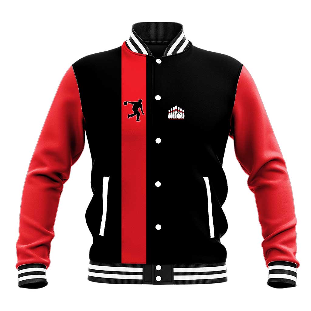 Custom Red and Black Bowling Baseball Jacket with Strike Explosion Graphic Custom Name and Bowler Silhouette - Wonder Print Shop