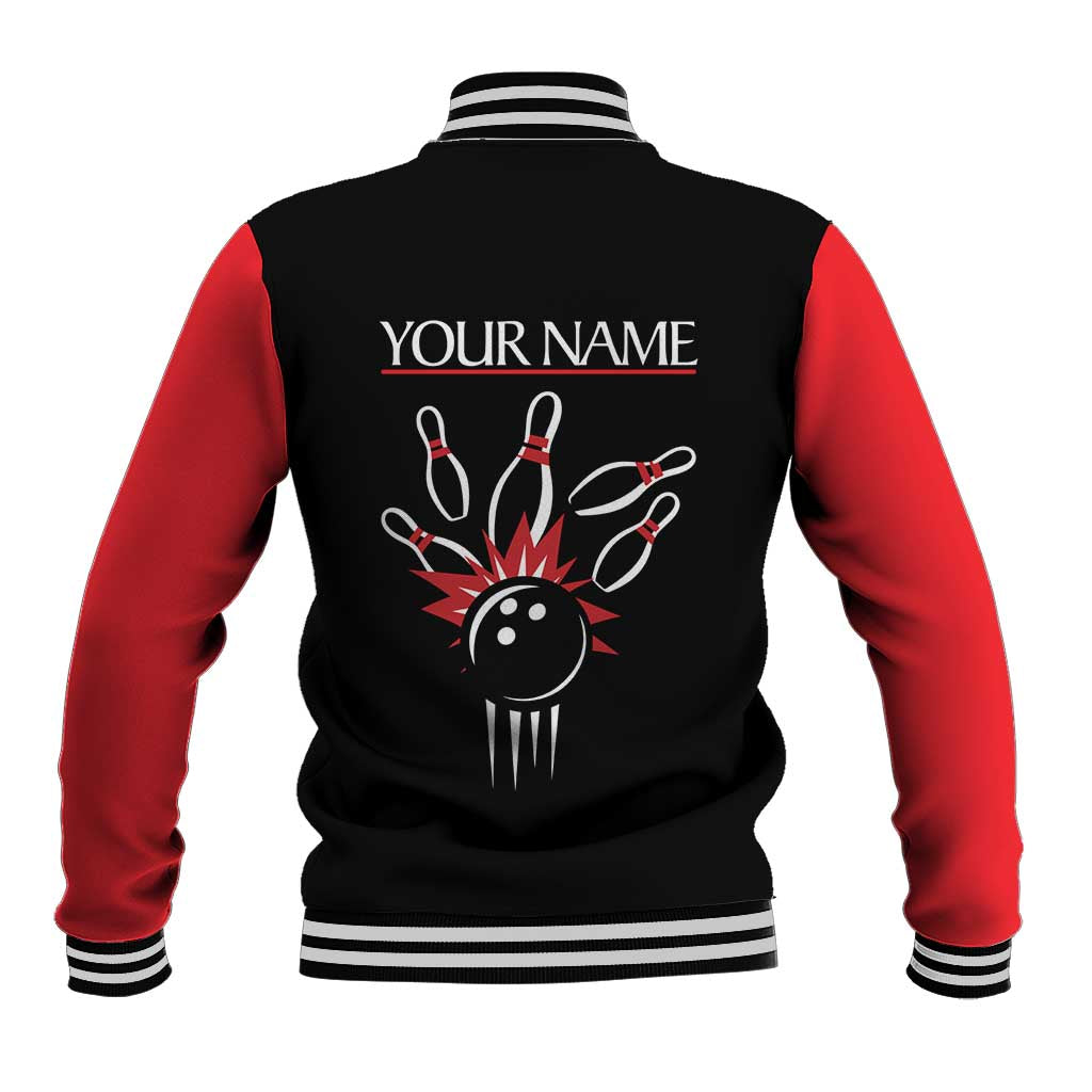 Custom Red and Black Bowling Baseball Jacket with Strike Explosion Graphic Custom Name and Bowler Silhouette - Wonder Print Shop