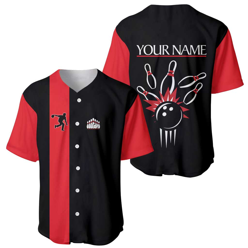 Custom Red and Black Bowling Baseball Jersey with Strike Explosion Graphic Custom Name and Bowler Silhouette - Wonder Print Shop