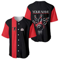 Custom Red and Black Bowling Baseball Jersey with Strike Explosion Graphic Custom Name and Bowler Silhouette - Wonder Print Shop