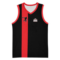 Custom Red and Black Bowling Basketball Jersey with Strike Explosion Graphic Custom Name and Bowler Silhouette - Wonder Print Shop