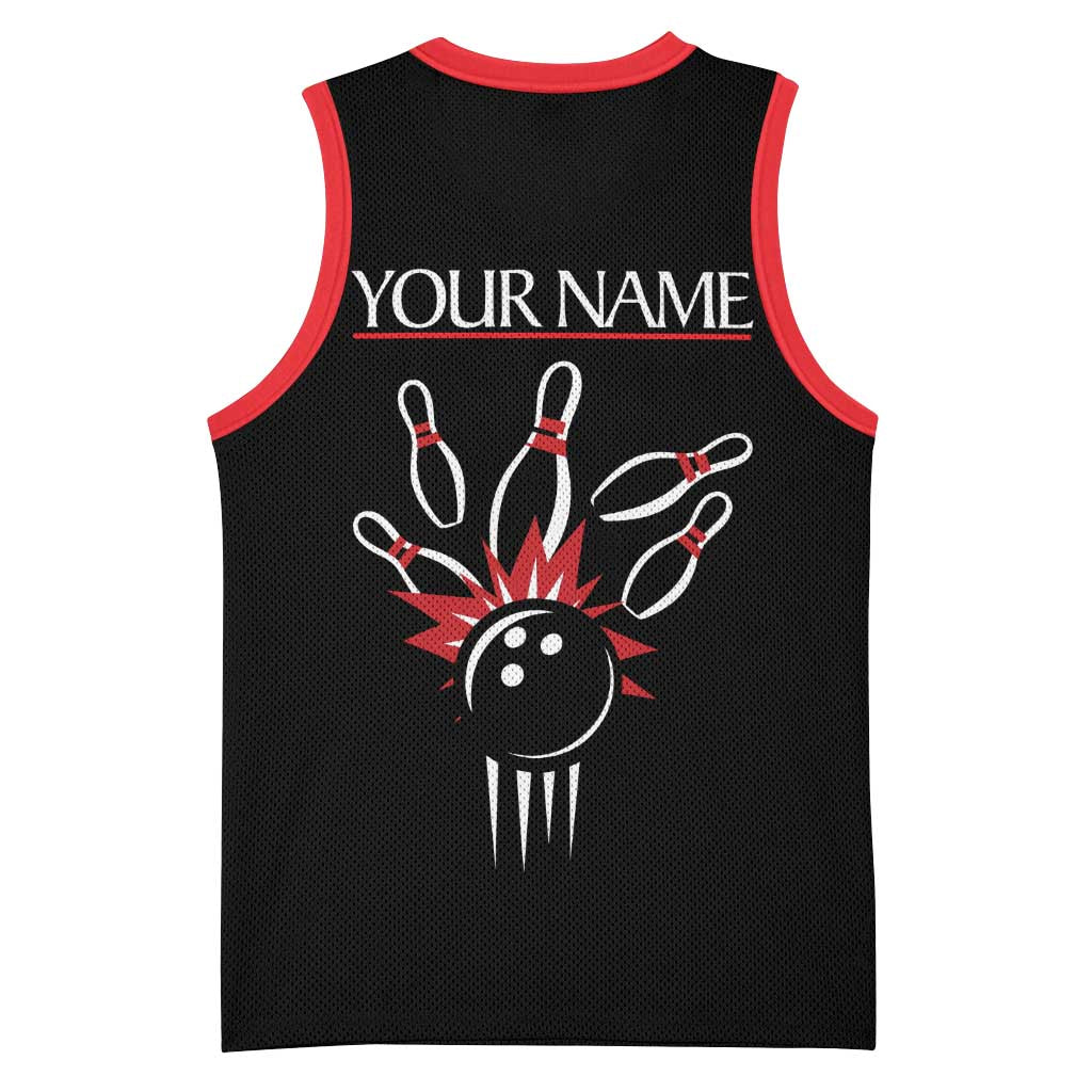 Custom Red and Black Bowling Basketball Jersey with Strike Explosion Graphic Custom Name and Bowler Silhouette - Wonder Print Shop