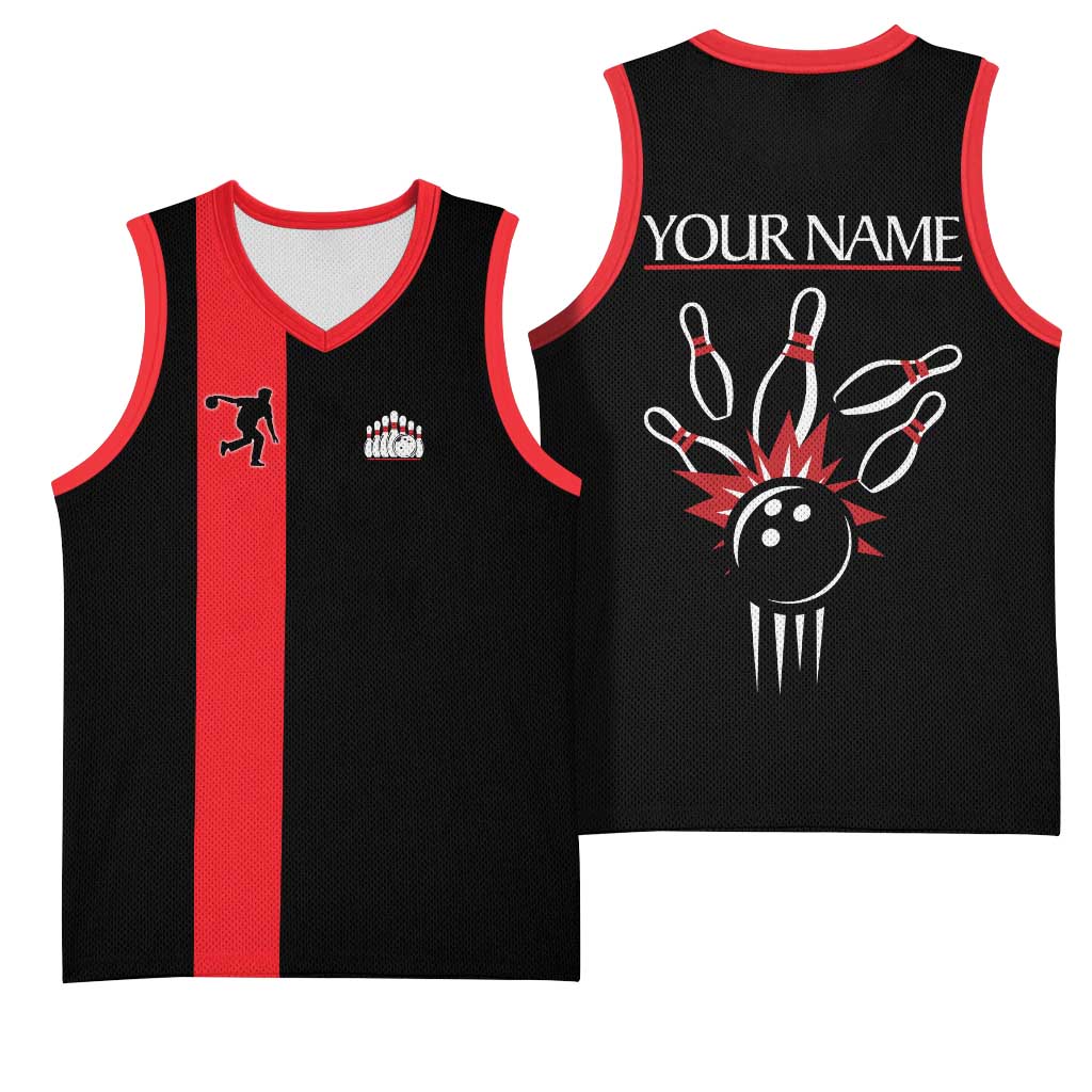 Custom Red and Black Bowling Basketball Jersey with Strike Explosion Graphic Custom Name and Bowler Silhouette - Wonder Print Shop