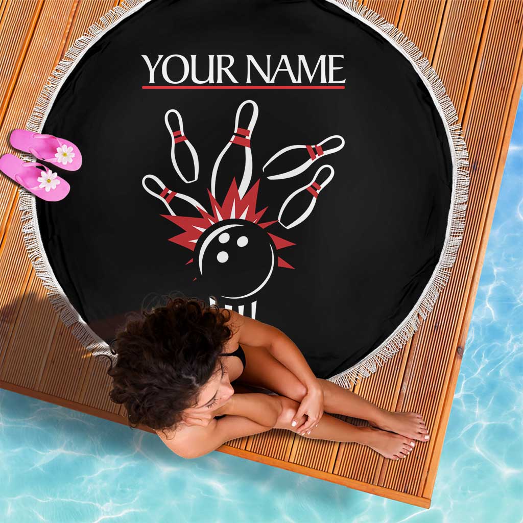 Custom Red and Black Bowling Beach Blanket with Strike Explosion Graphic Custom Name and Bowler Silhouette - Wonder Print Shop