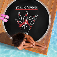Custom Red and Black Bowling Beach Blanket with Strike Explosion Graphic Custom Name and Bowler Silhouette - Wonder Print Shop