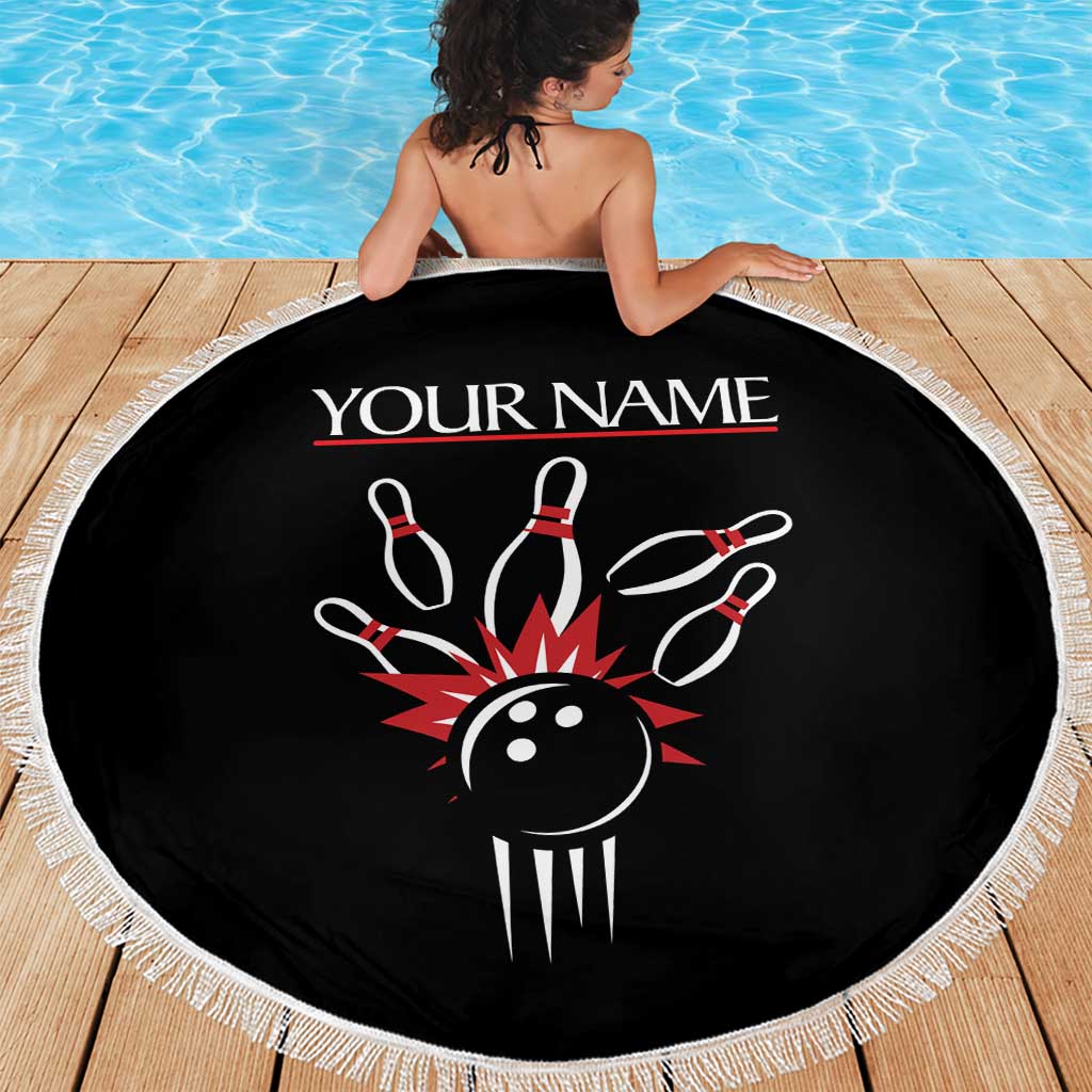 Custom Red and Black Bowling Beach Blanket with Strike Explosion Graphic Custom Name and Bowler Silhouette - Wonder Print Shop