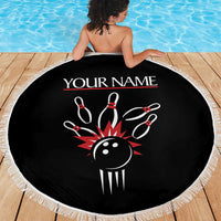 Custom Red and Black Bowling Beach Blanket with Strike Explosion Graphic Custom Name and Bowler Silhouette - Wonder Print Shop