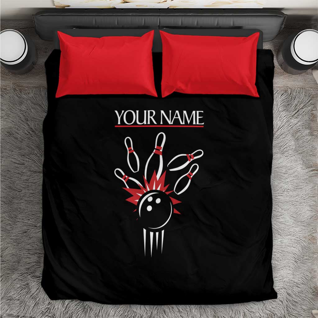 Custom Red and Black Bowling Bedding Set with Strike Explosion Graphic Custom Name and Bowler Silhouette - Wonder Print Shop