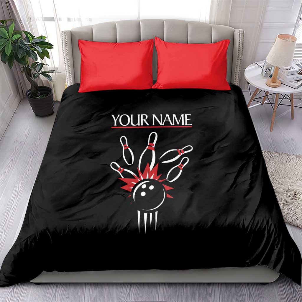Custom Red and Black Bowling Bedding Set with Strike Explosion Graphic Custom Name and Bowler Silhouette - Wonder Print Shop