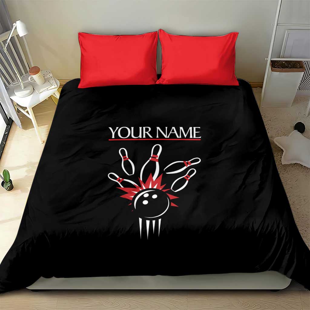 Custom Red and Black Bowling Bedding Set with Strike Explosion Graphic Custom Name and Bowler Silhouette - Wonder Print Shop