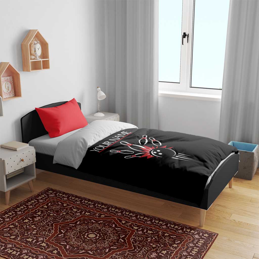 Custom Red and Black Bowling Bedding Set with Strike Explosion Graphic Custom Name and Bowler Silhouette - Wonder Print Shop