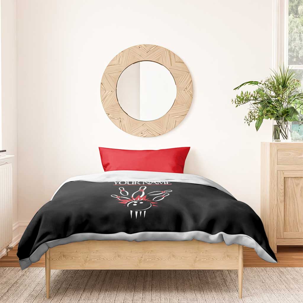 Custom Red and Black Bowling Bedding Set with Strike Explosion Graphic Custom Name and Bowler Silhouette - Wonder Print Shop