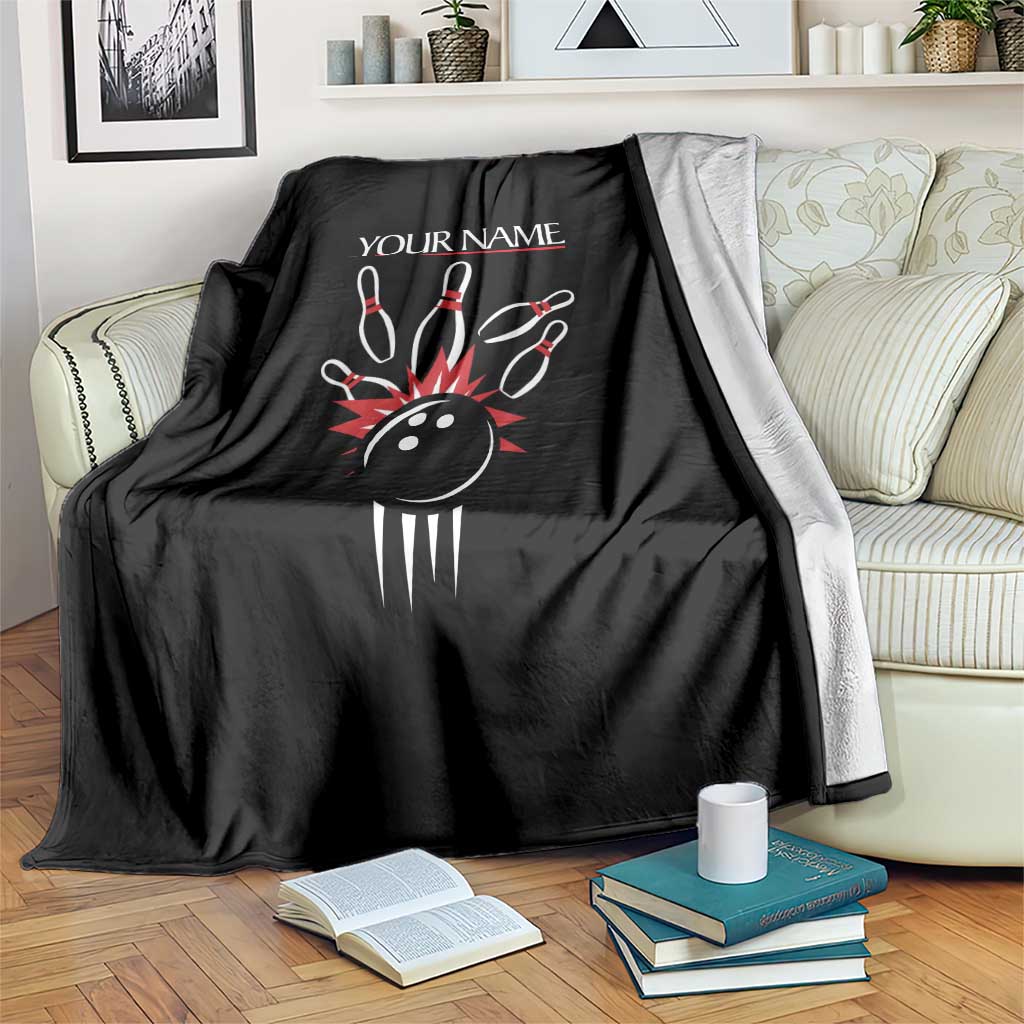 Custom Red and Black Bowling Blanket with Strike Explosion Graphic Custom Name and Bowler Silhouette - Wonder Print Shop