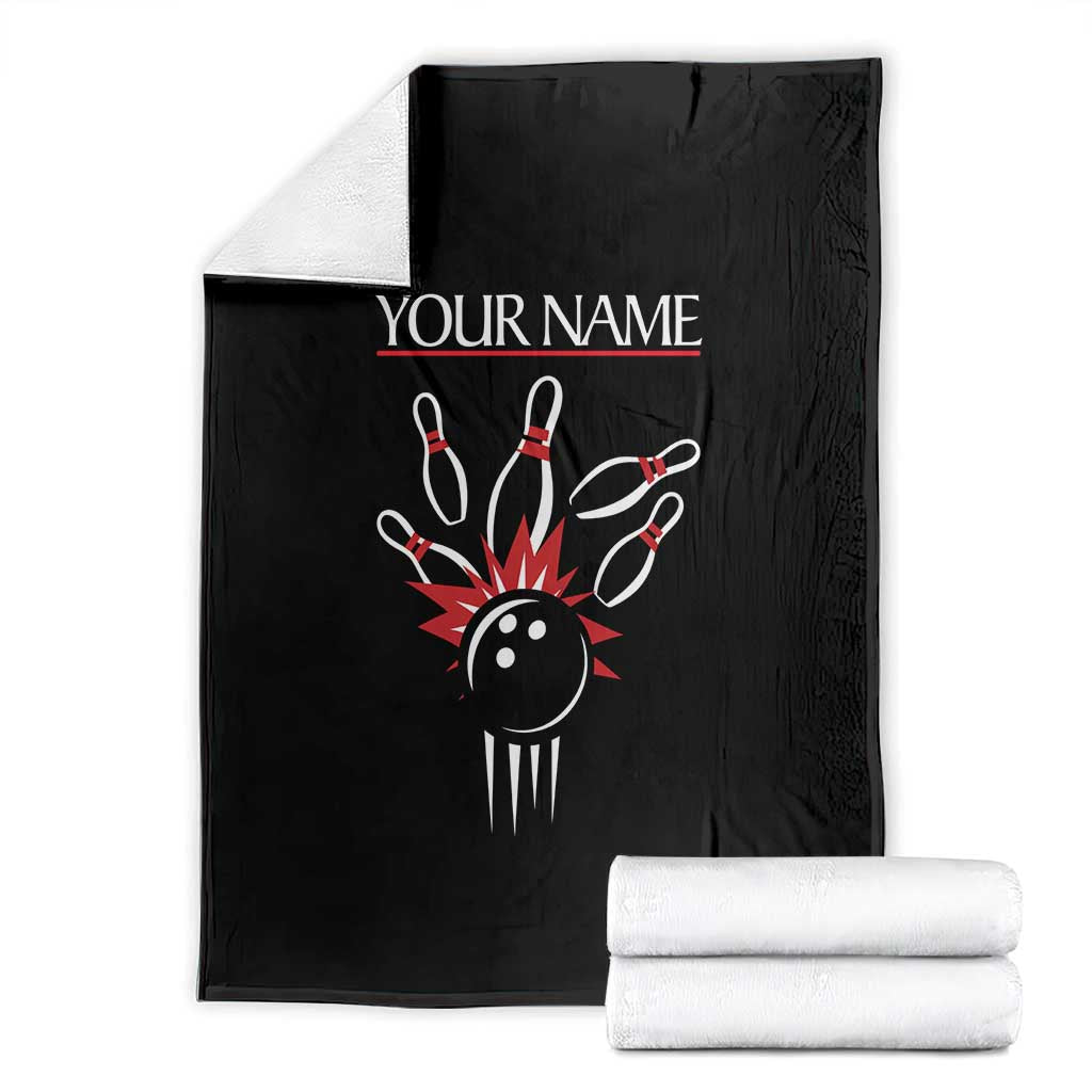 Custom Red and Black Bowling Blanket with Strike Explosion Graphic Custom Name and Bowler Silhouette - Wonder Print Shop