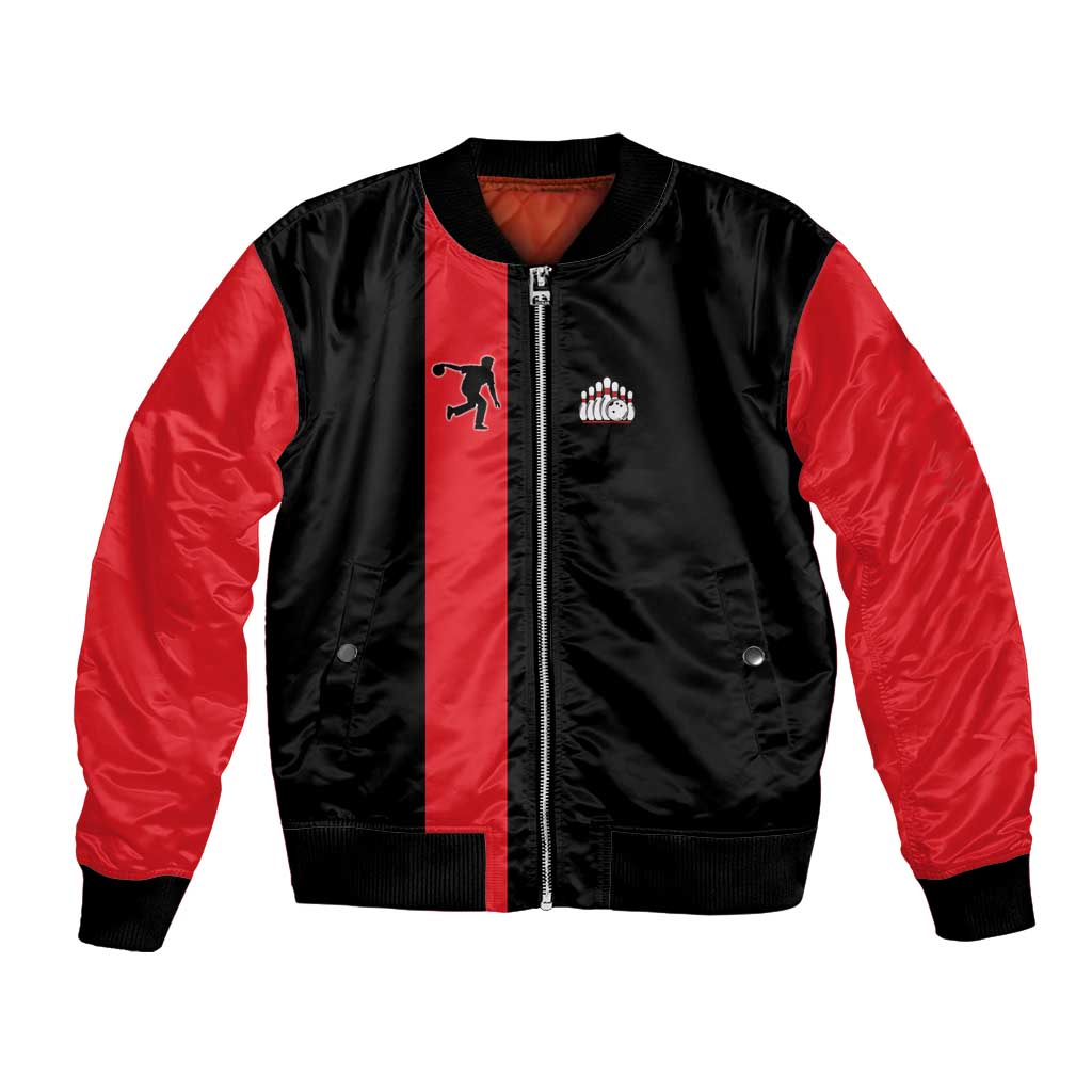 Custom Red and Black Bowling Bomber Jacket with Strike Explosion Graphic Custom Name and Bowler Silhouette - Wonder Print Shop