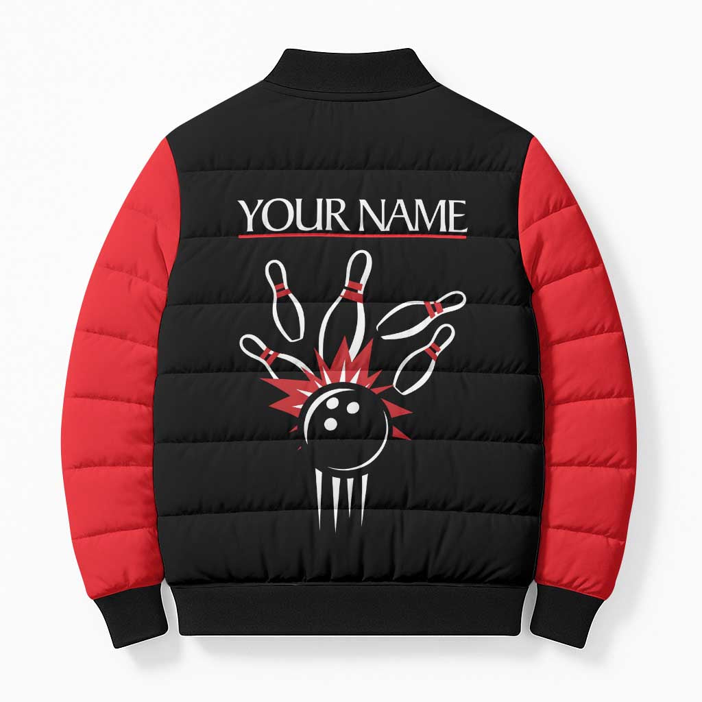 Custom Red and Black Bowling Bomber Puffer Jacket with Strike Explosion Graphic Custom Name and Bowler Silhouette - Wonder Print Shop