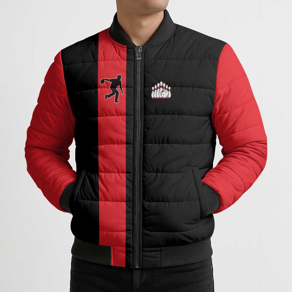 Custom Red and Black Bowling Bomber Puffer Jacket with Strike Explosion Graphic Custom Name and Bowler Silhouette - Wonder Print Shop